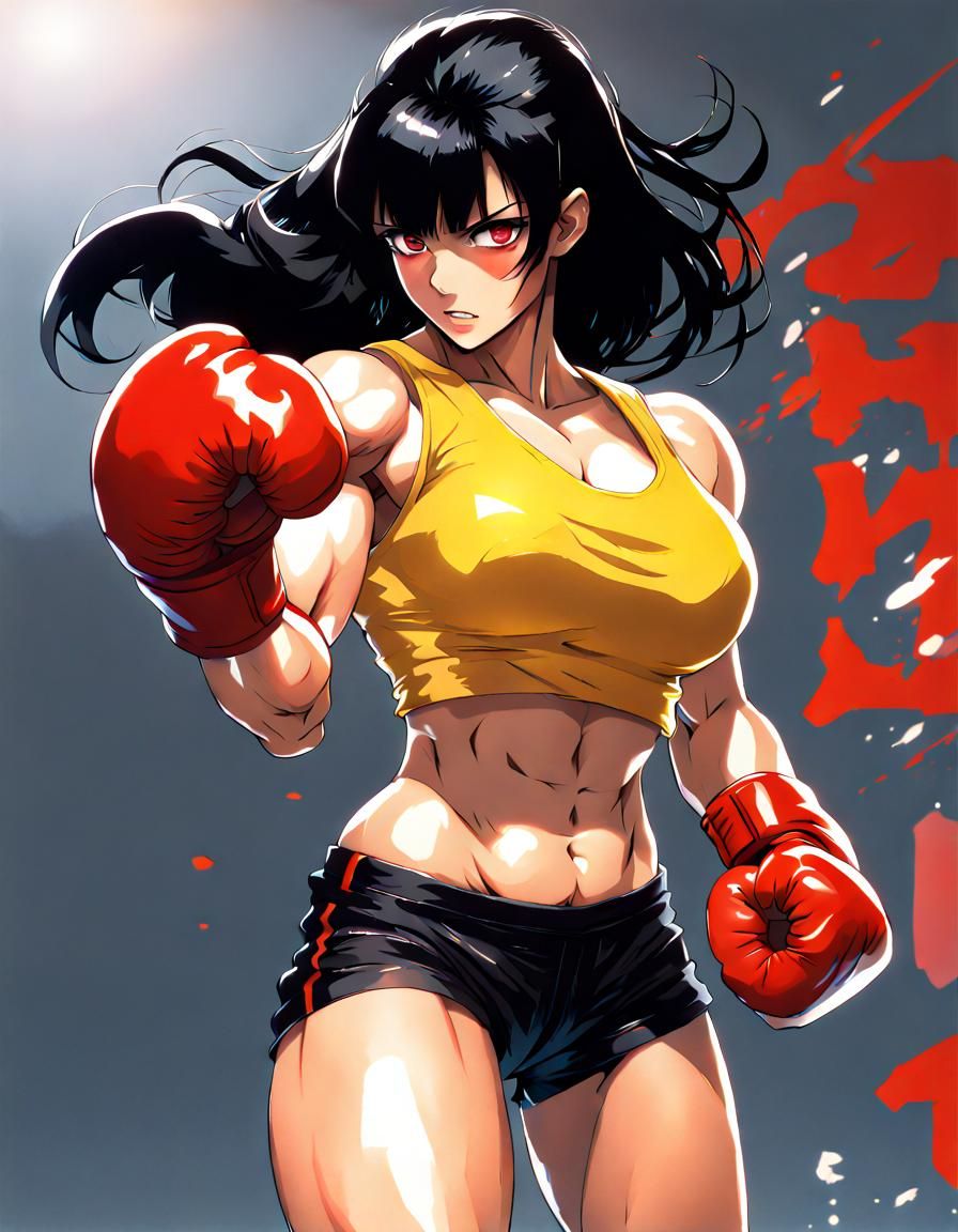 Dynamic Manga Woman Boxer in Action Painting Style