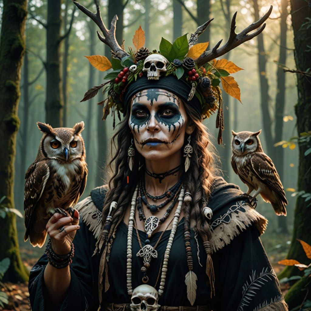 Mystical Shaman Woman with Animal Skull Headwear