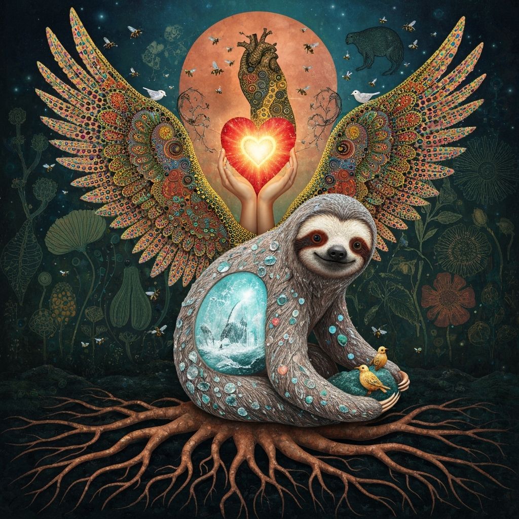 Surreal Sloth Sculpture with Iridescent Wings in Klimt Style