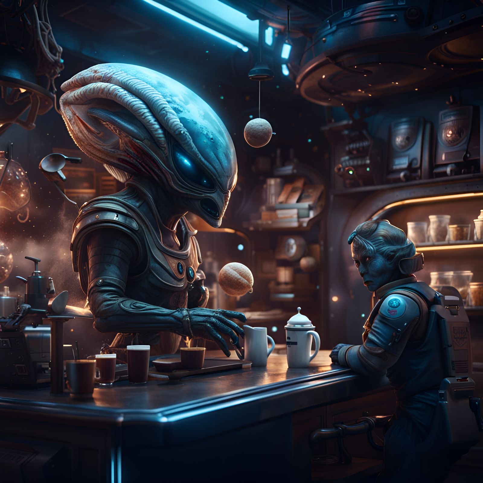 Alien Barista Serving Coffee in Space, Fantasy Art