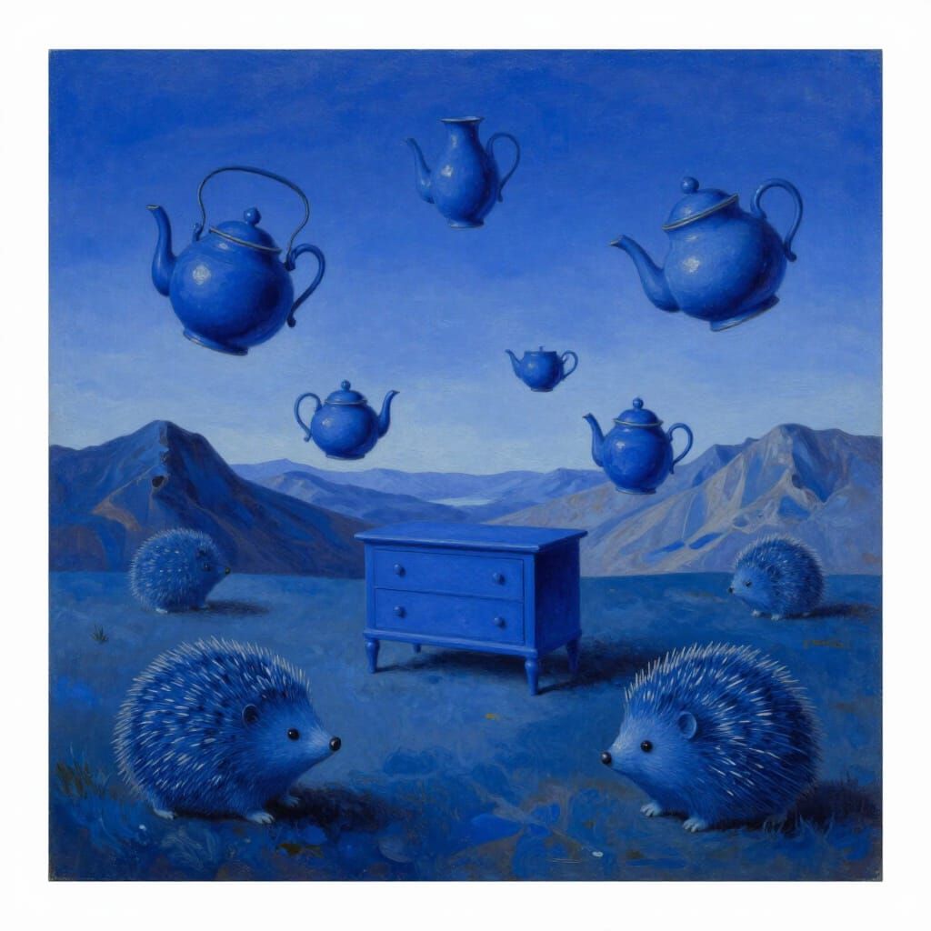 Surreal Blue Teapots and Hedgehogs in Dalí-Inspired Dreamsca...