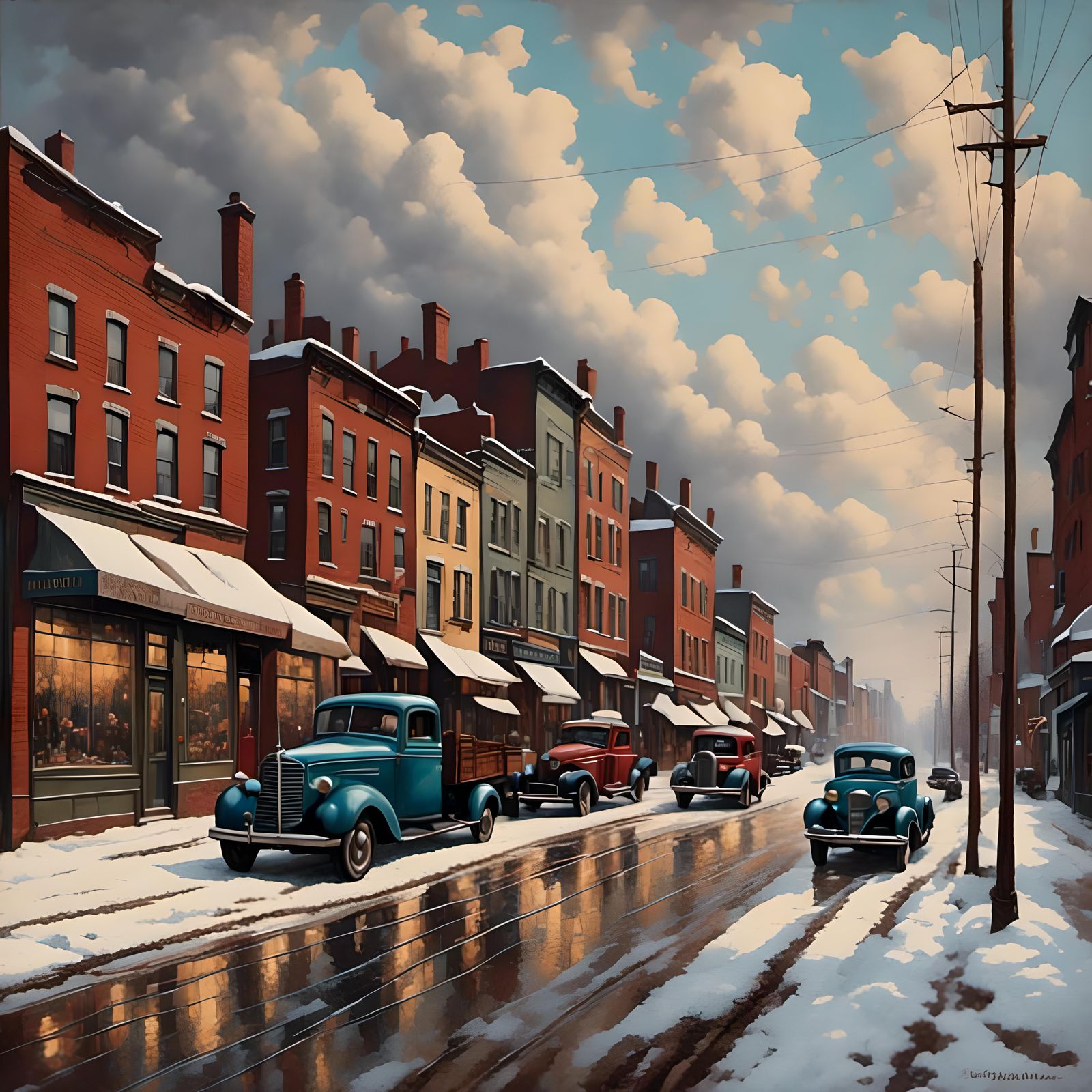 Vintage Urban Winter Scene in Oil Painting Style