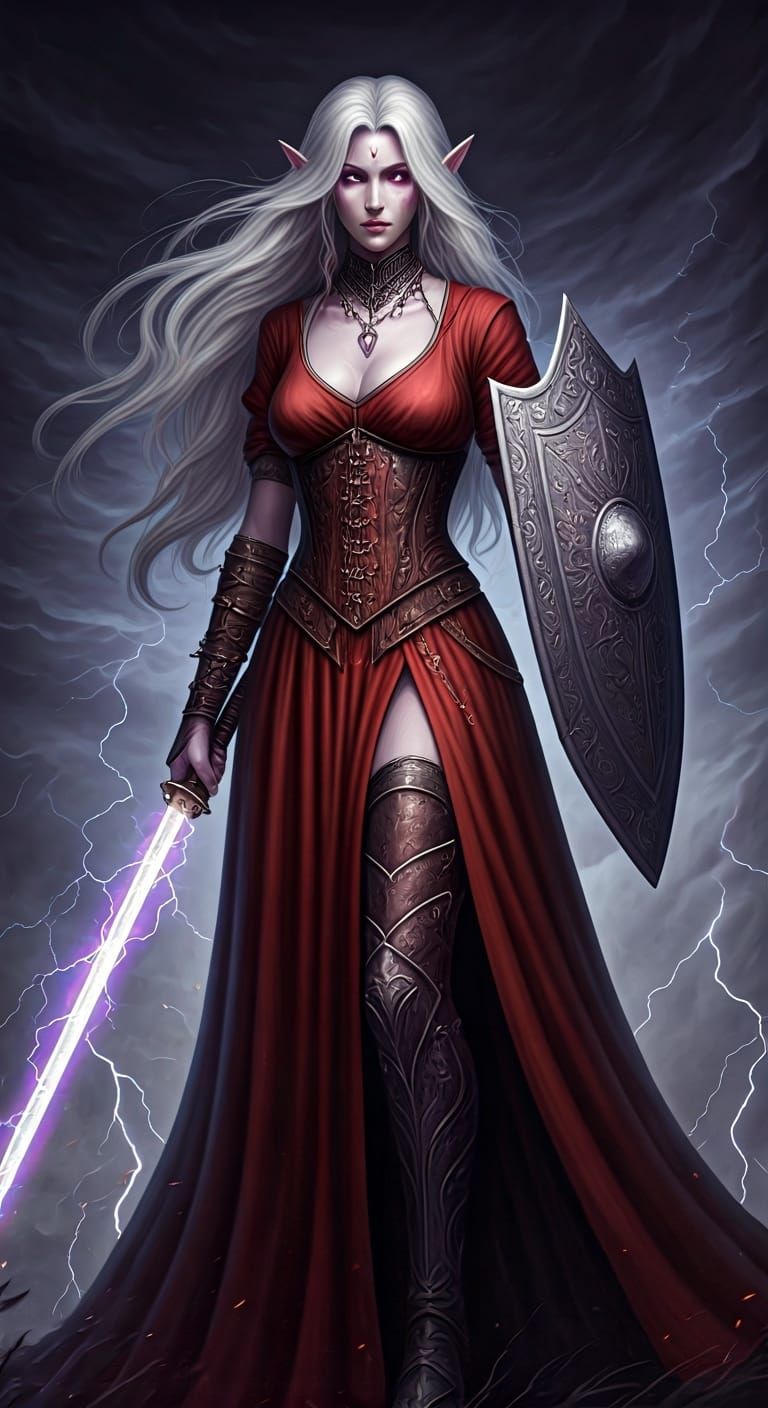 Aasimar Warlock in Electric Thunderstorm, Fantasy Art