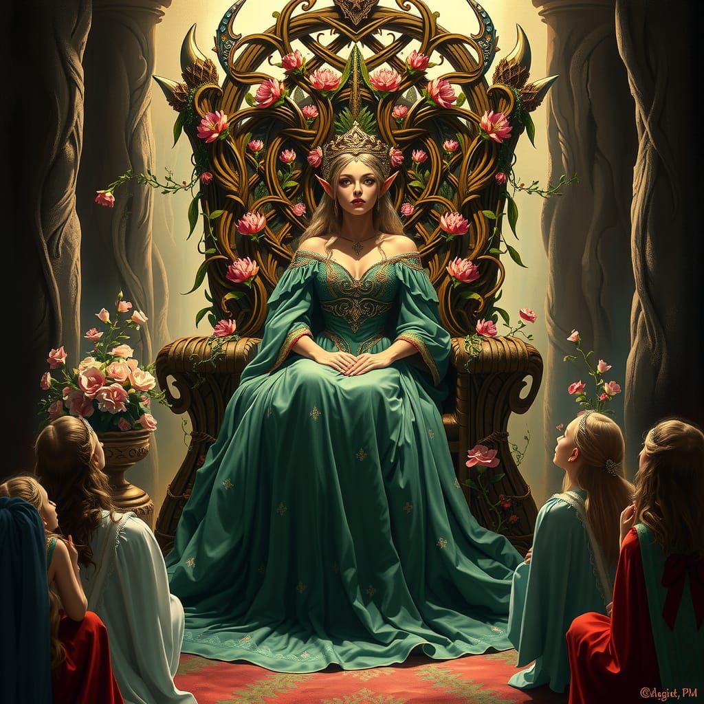 Regal Elven Queen in Emerald Gown Sits Upon Throne of Vines ...