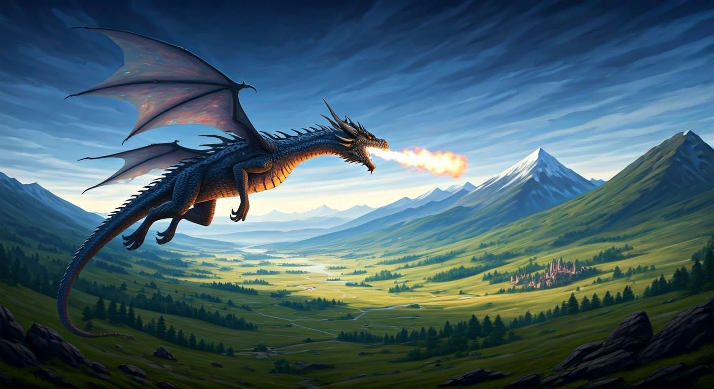 Majestic Dragon Soaring Over Fantasy Landscape