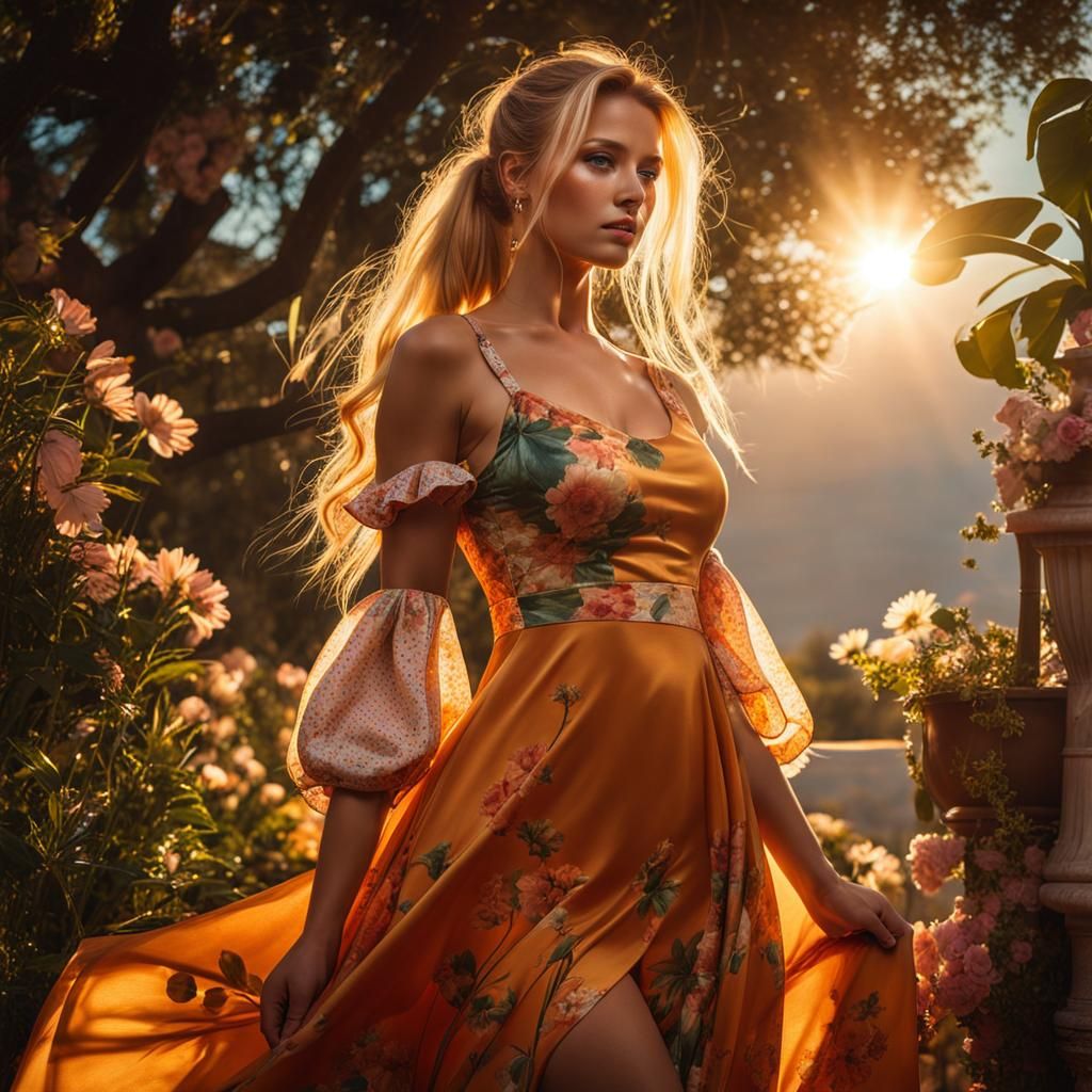 Blonde Woman in Floral Dress at Sunset