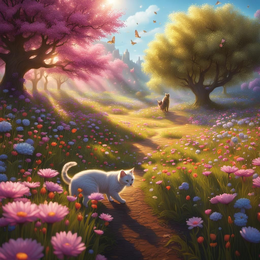 Spring Field with Cats: Fantasy Concept Art