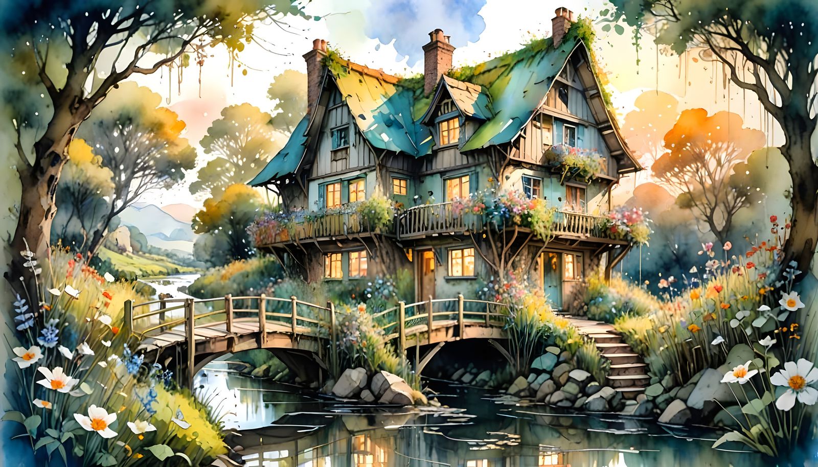 Fantasy Cottage at Dawn in Watercolour Style