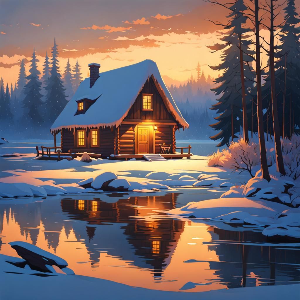 Winter Cabin at Frozen Lake, Golden Hour Anime Art