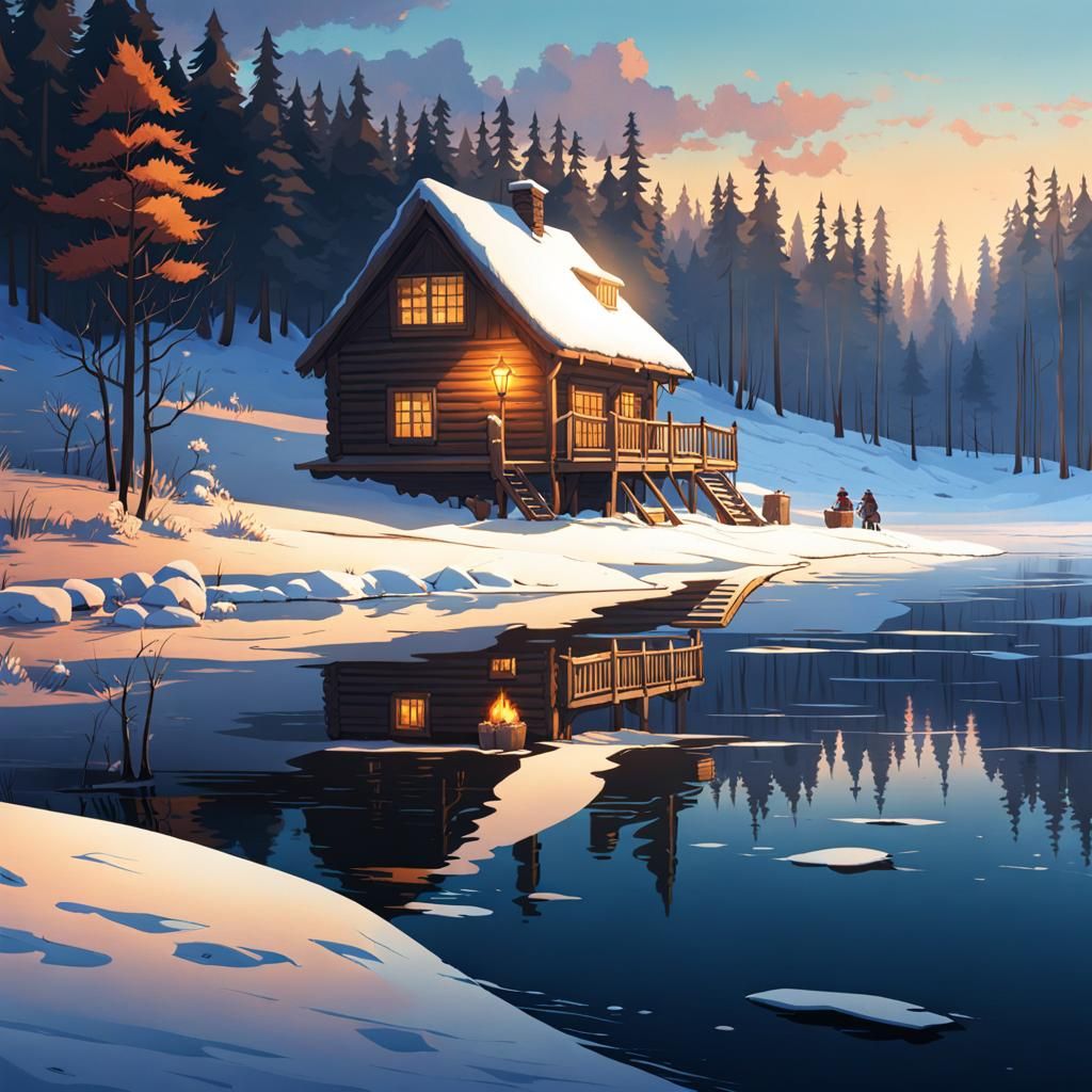 Cozy Winter Cabin by Frozen Lake at Golden Hour