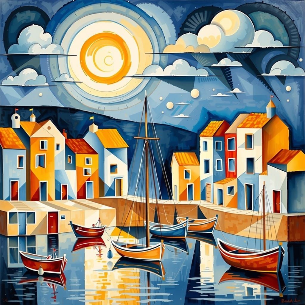 Cubist Coastal Village in Vibrant Ocre Hues