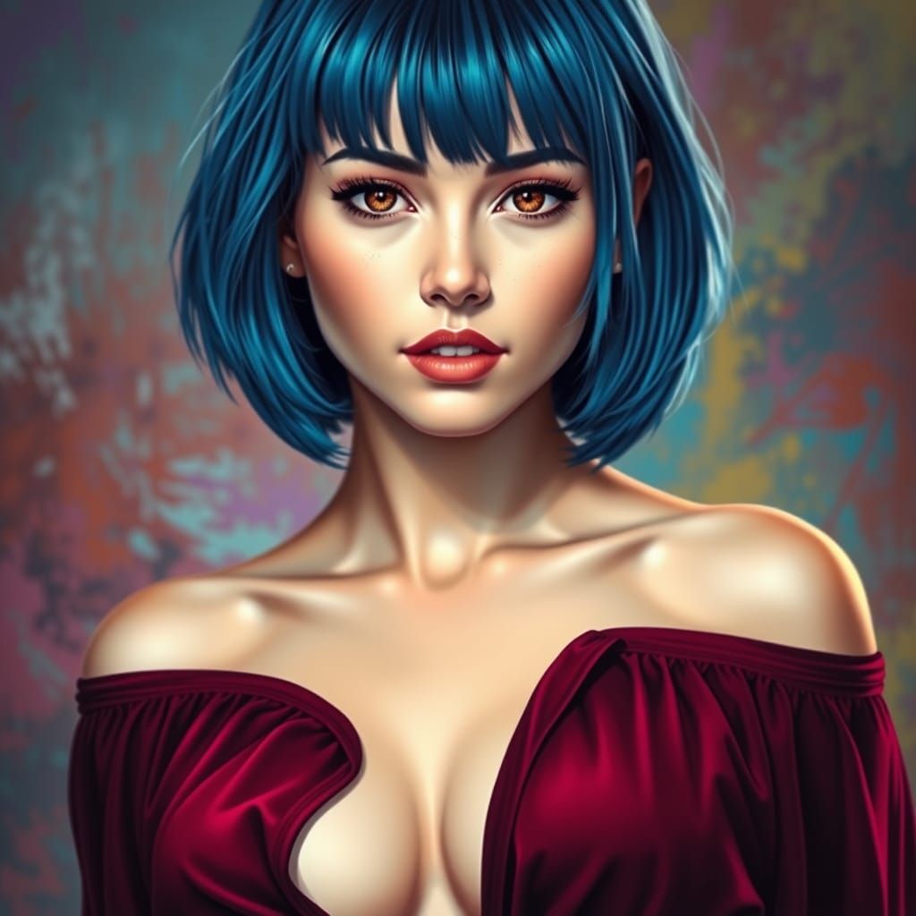 Beautiful Woman with Blue Hair in Splash Art Style