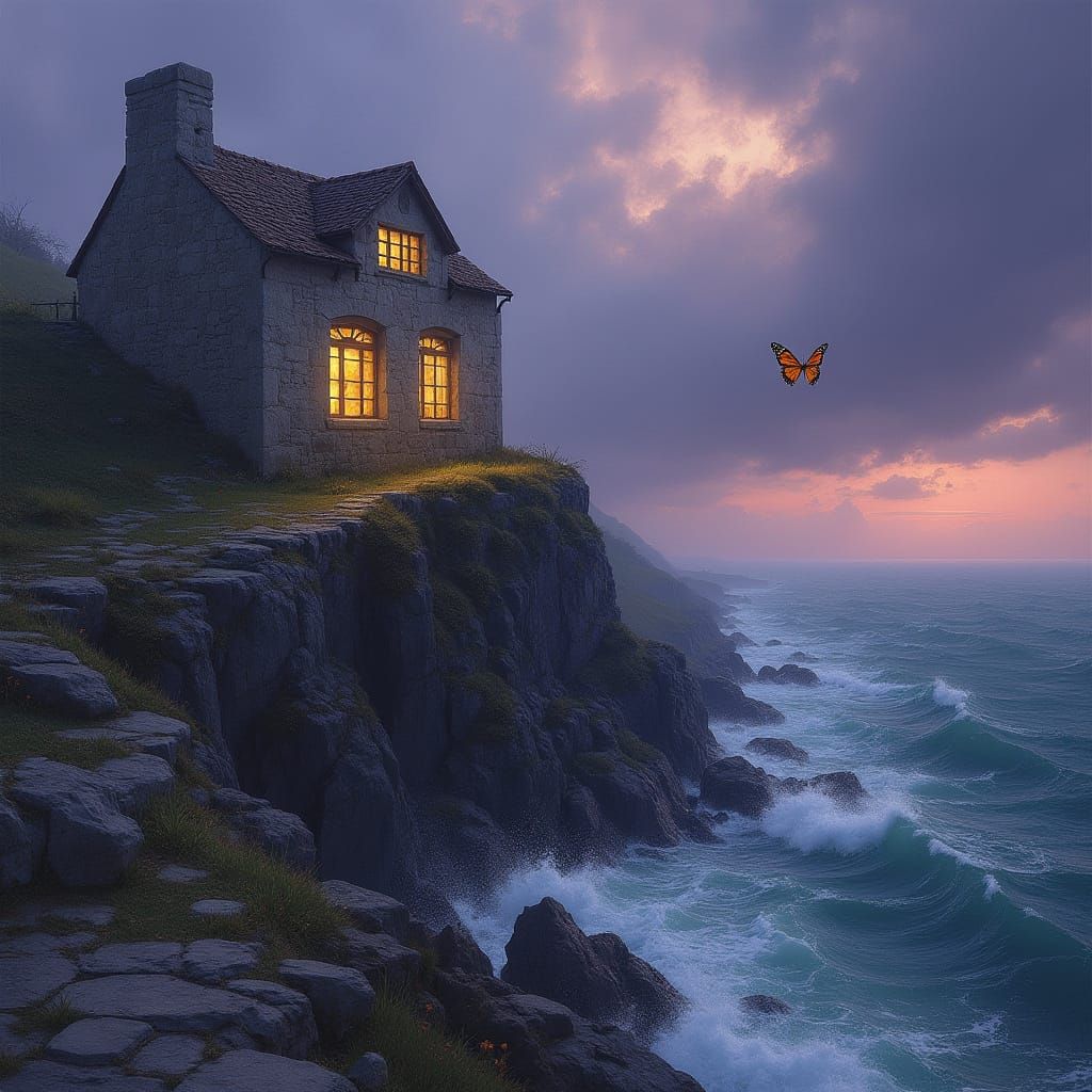 Weathered Tavern on Cliffside Overlooking Turbulent Sea