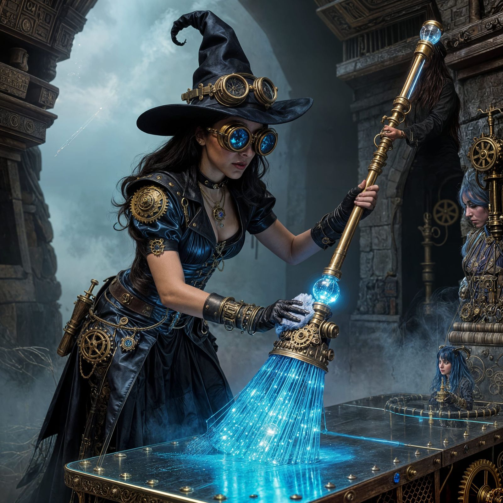 Steampunk Witch Polishes Glowing Blue Brass and Glass Broom