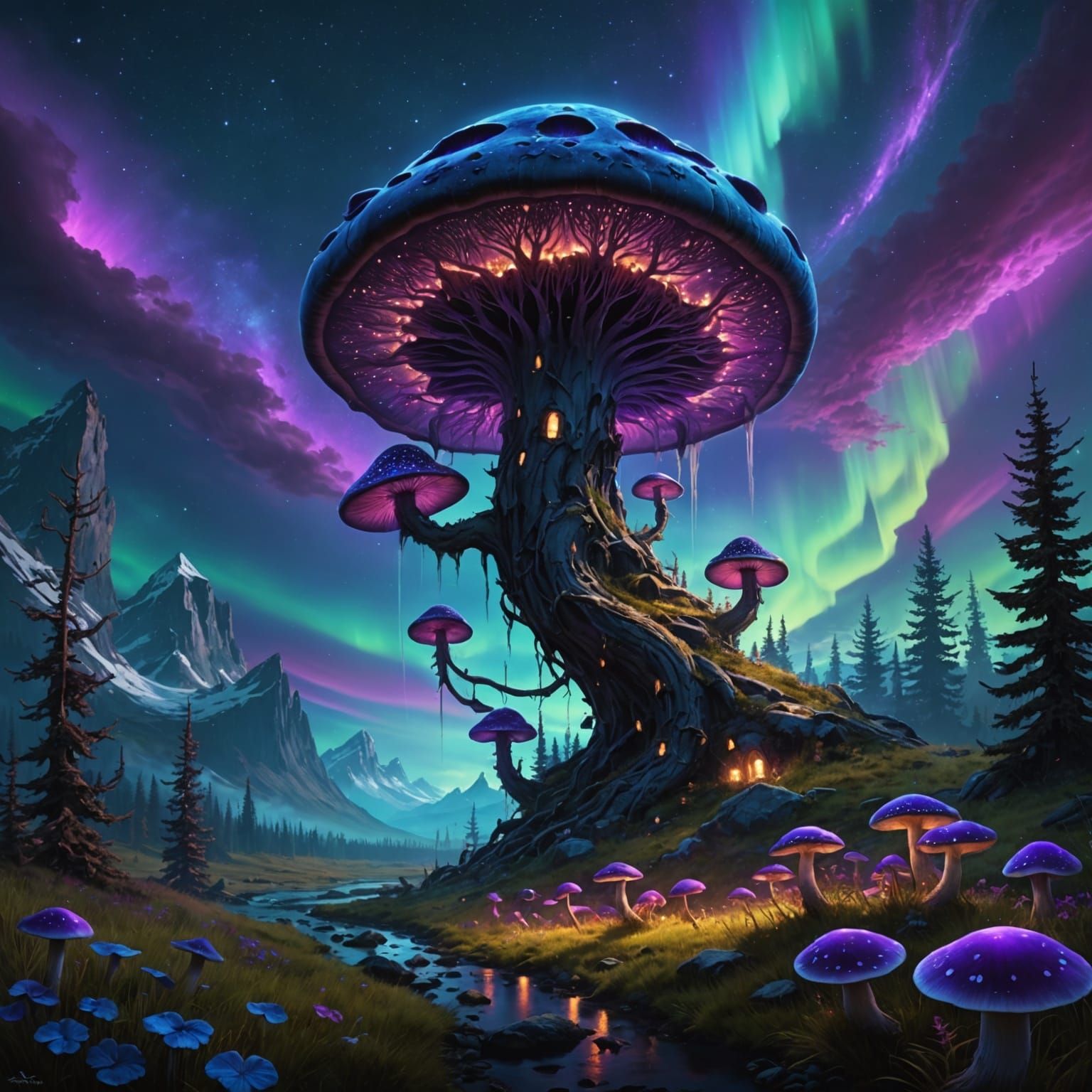 Fantastic Landscape with Dragons and Purple Mushrooms