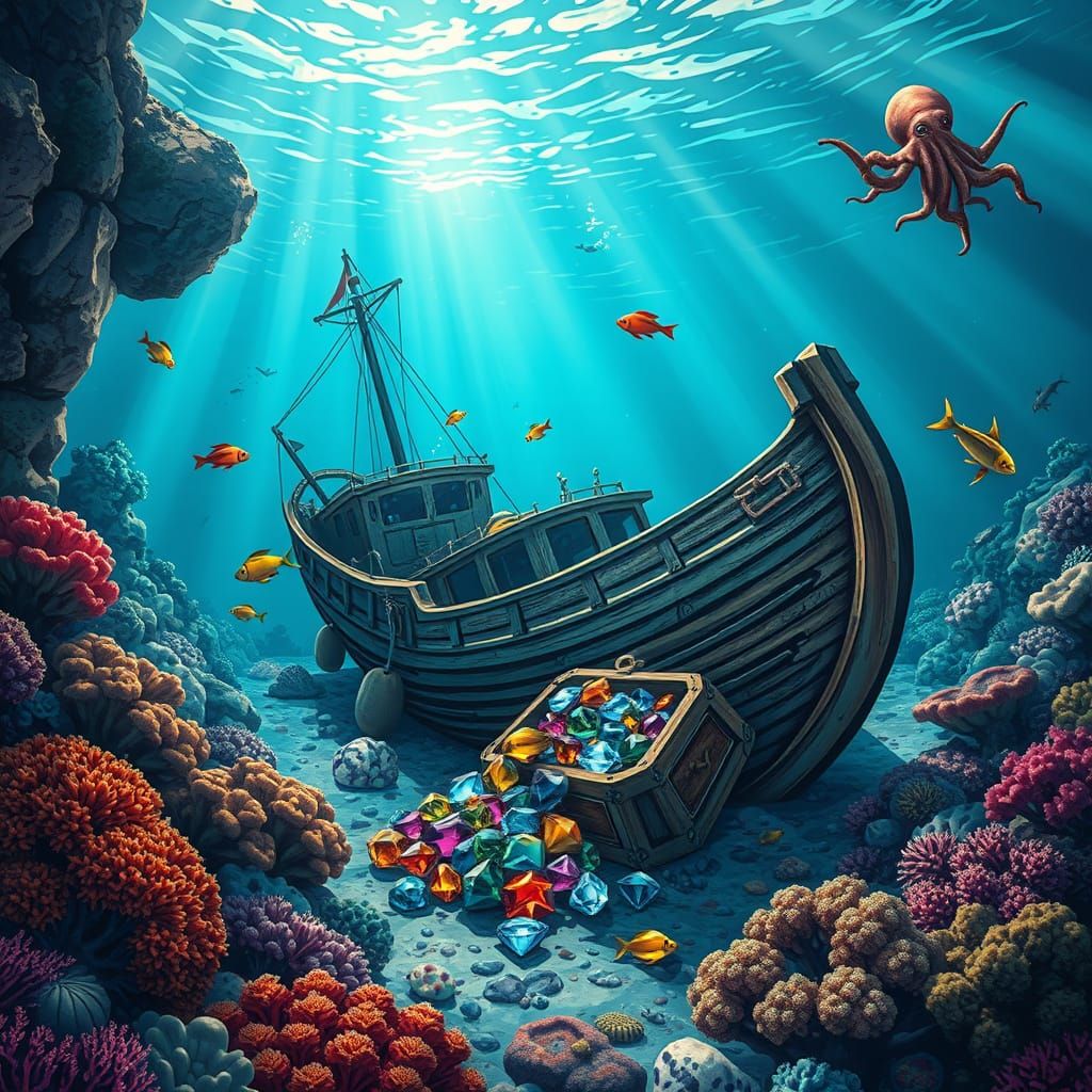 Sunlit Shipwreck Treasure at Ocean Floor
