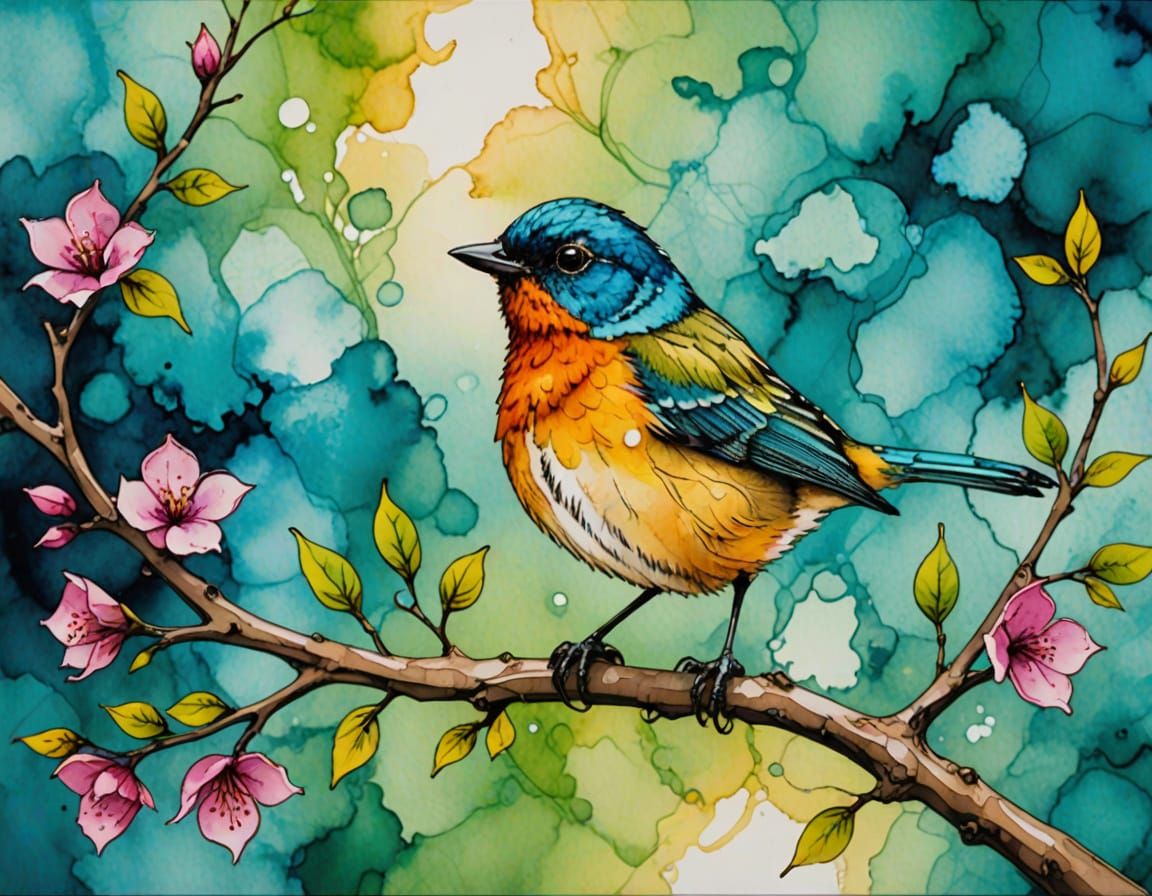 Small Bird on Branch in Alcohol Inks Style