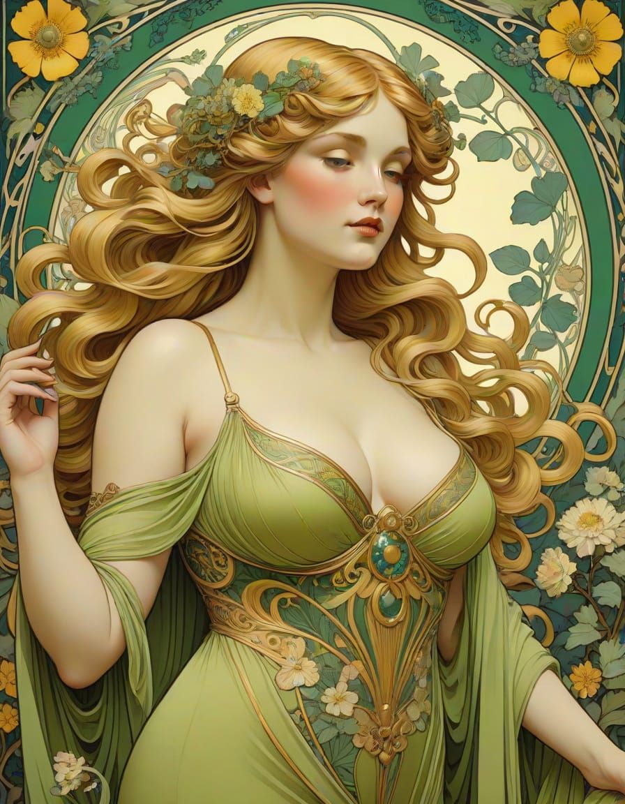 Art Nouveau Goddess in Lush Botanical Setting