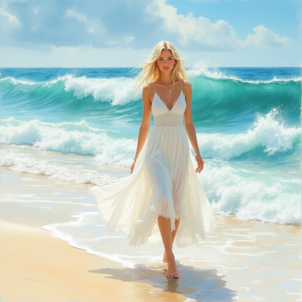 Watercolor painting landscape
Tall blonde willowy lady with blue eyes and wearing a white dress
Walking along a desert...