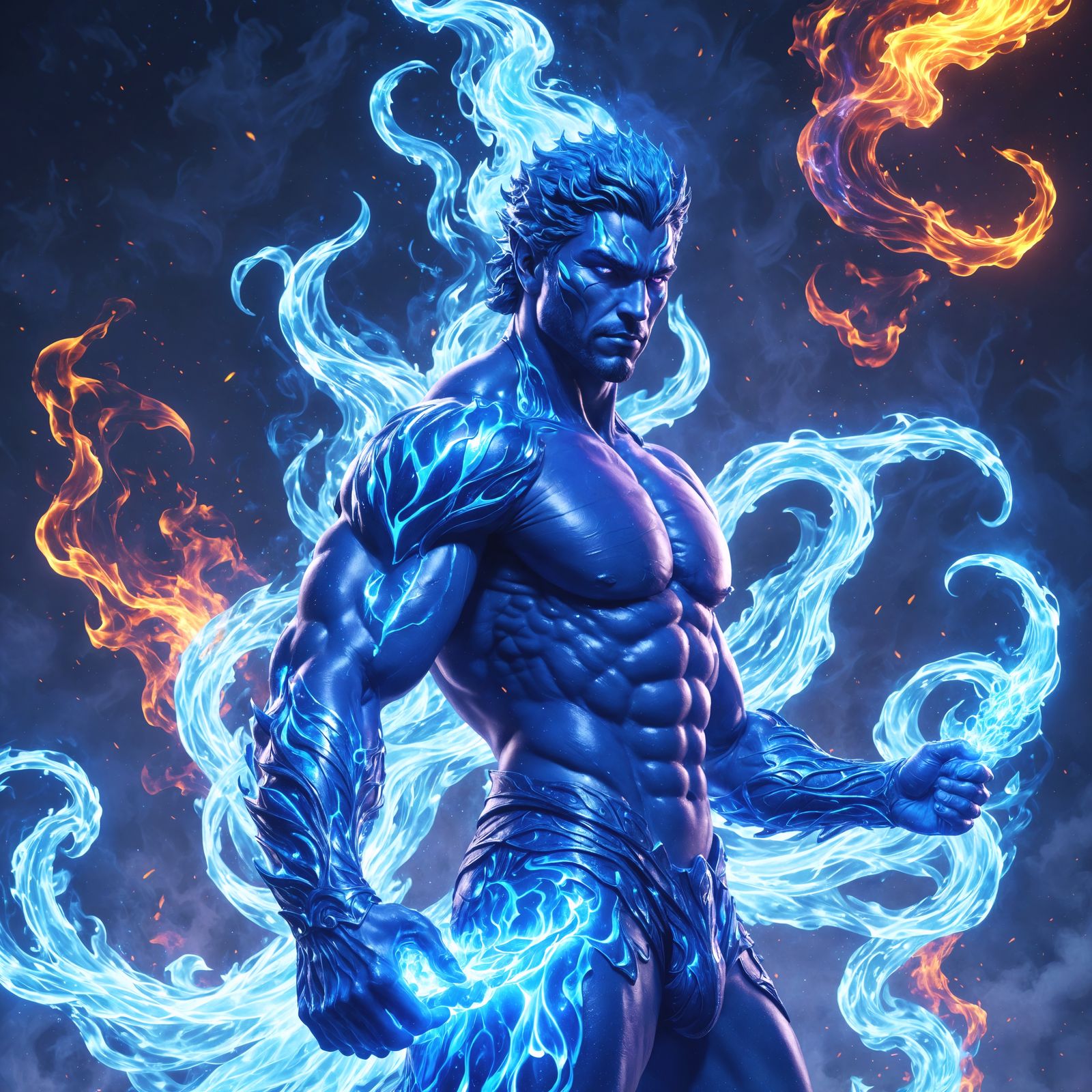 Hyperrealistic Jet Blue Fire Mage in Intricately Detailed Co...