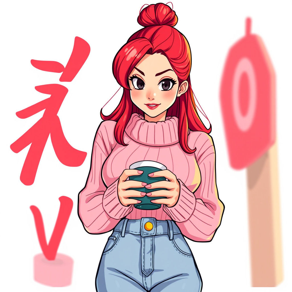 Anime-Style Cartoon of a Redhead with Mischievous Eyes