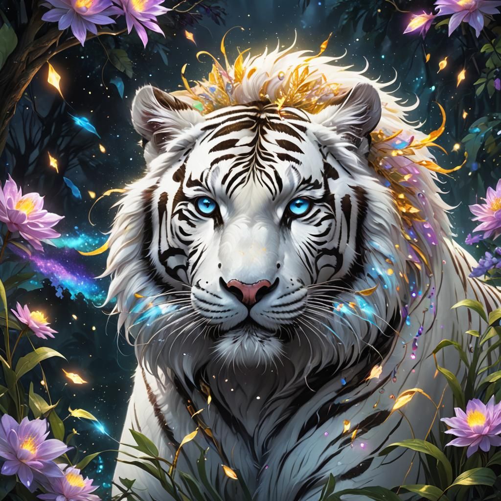 A ((colossal white tiger 1:5)) walking through an enchanted ...