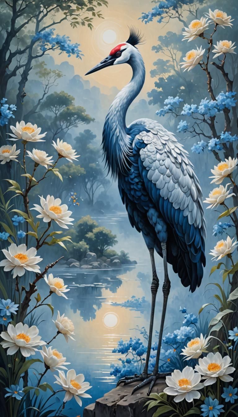 Bouguereau-Inspired Oriental Crane in a Tranquil Blue Huesca...