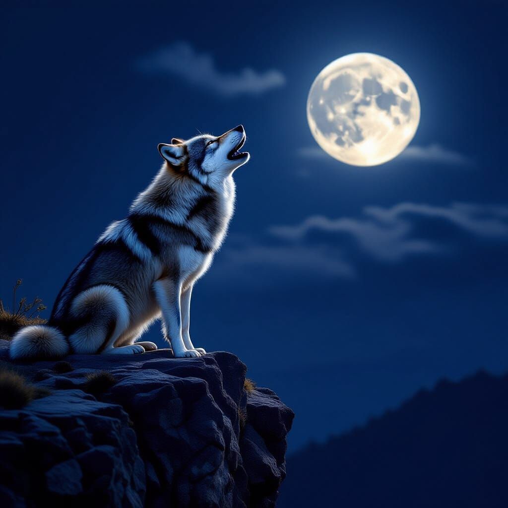 Photo Realistic Wolf Howling at Full Moon on Cliff Top