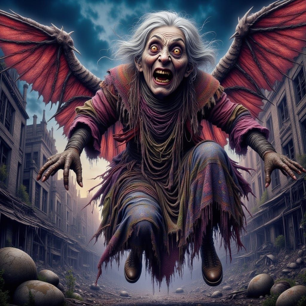 Elderly Hag Fairy Leaps Through Dark Fantasy Night Sky