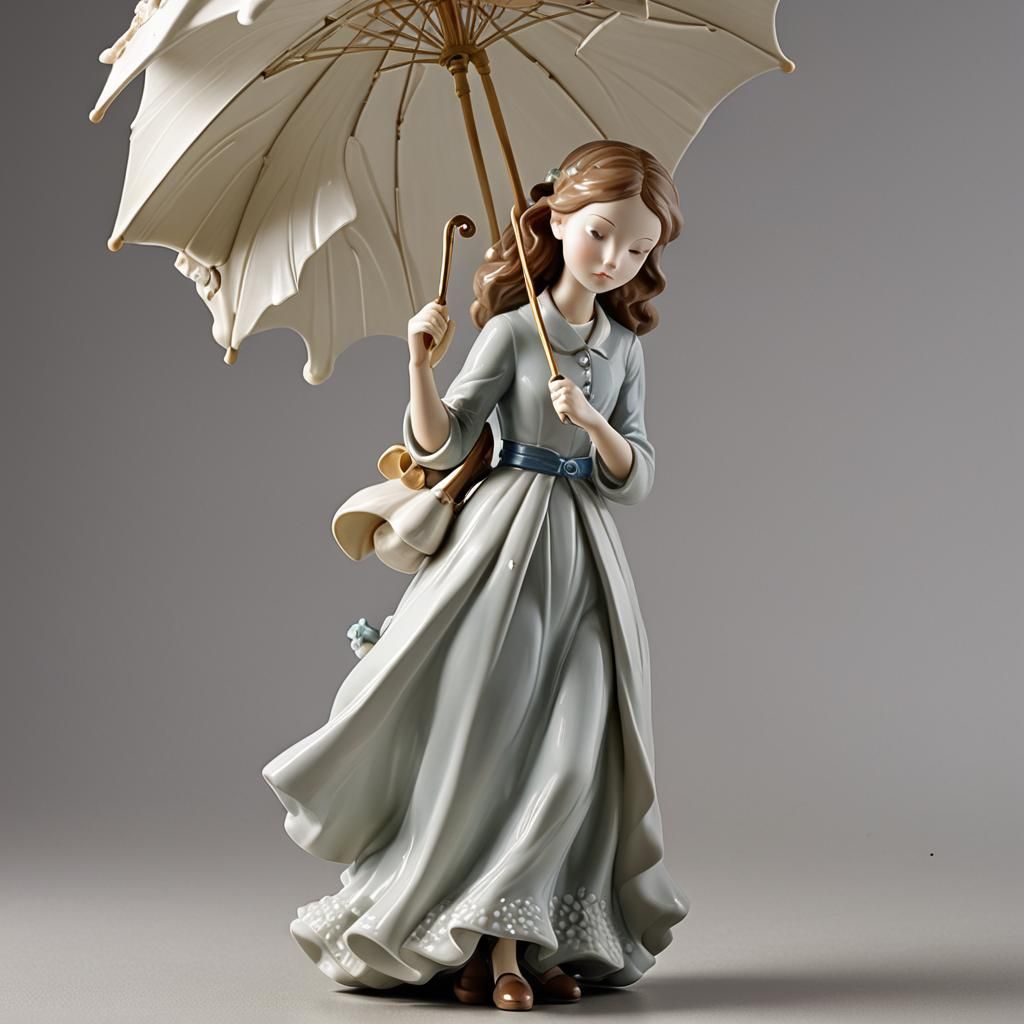 Lladro-Style Figurine of Girl with Umbrella