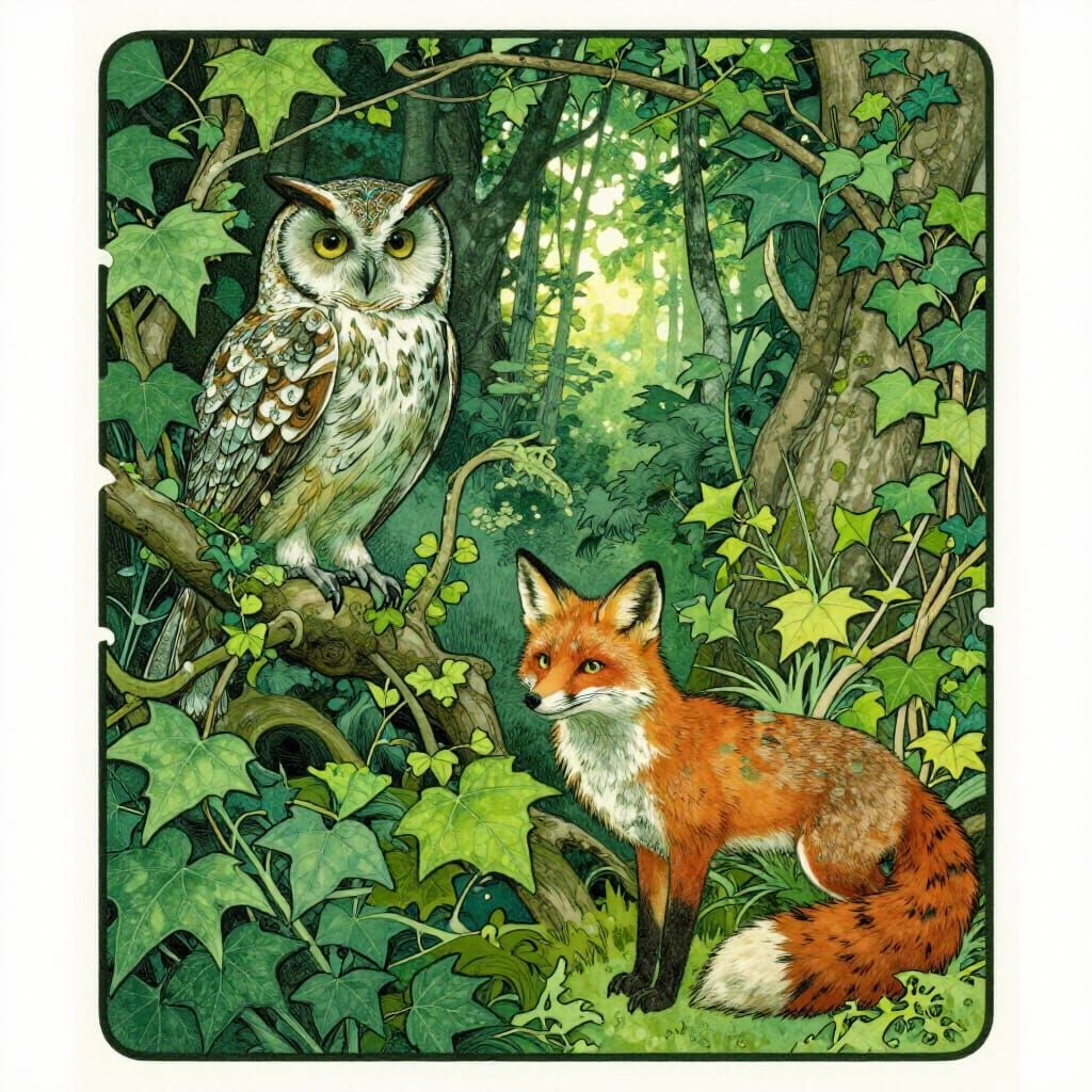 Art Nouveau Woodland Critters in Verdant Hues