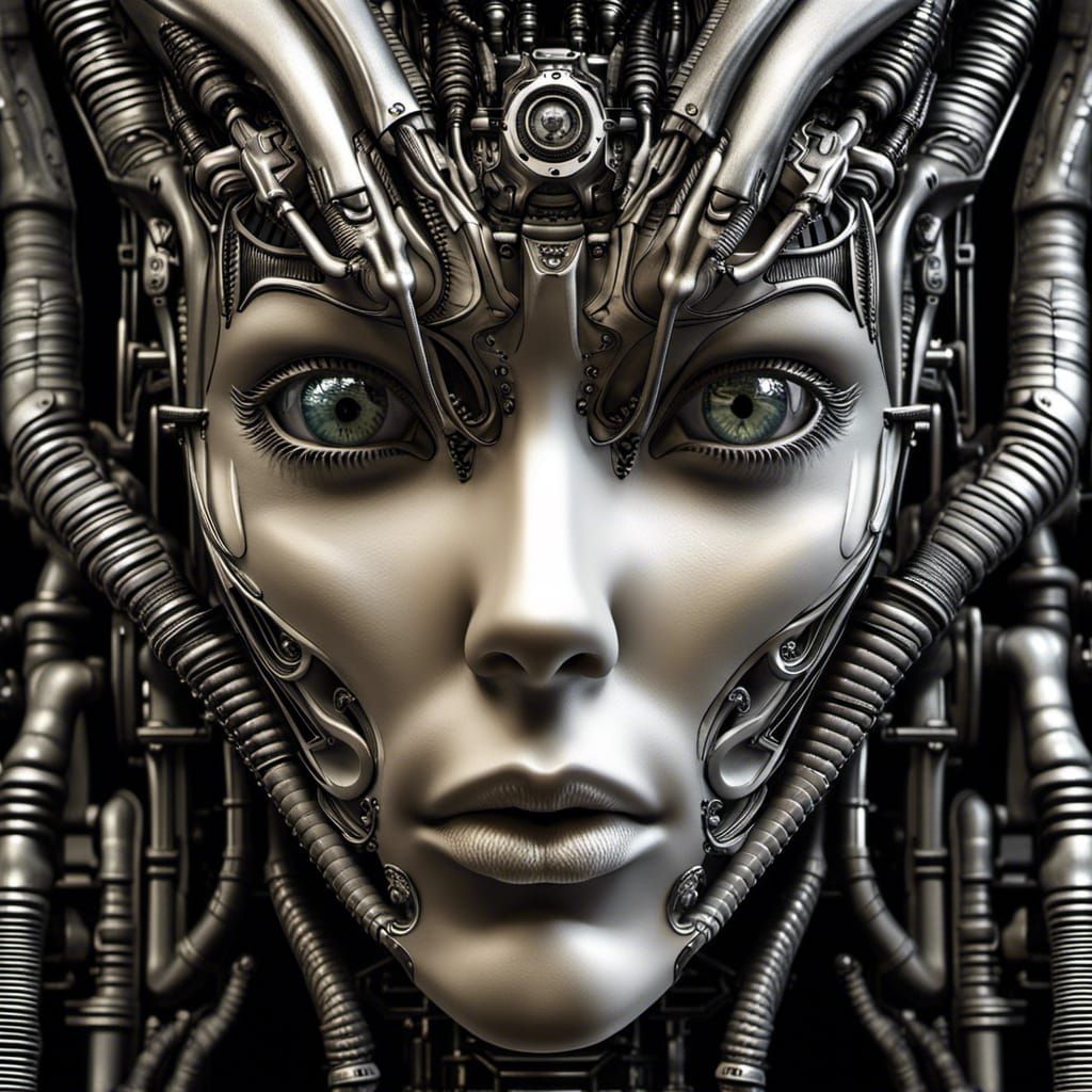Hyperrealistic Robotic Female Face in Giger Style