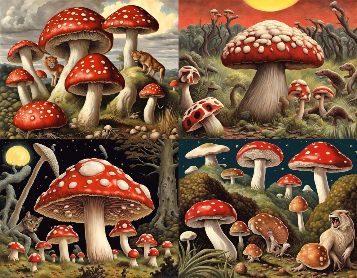 Ladybird Book Style Art: Alien Sacrifice Amidst Fungi