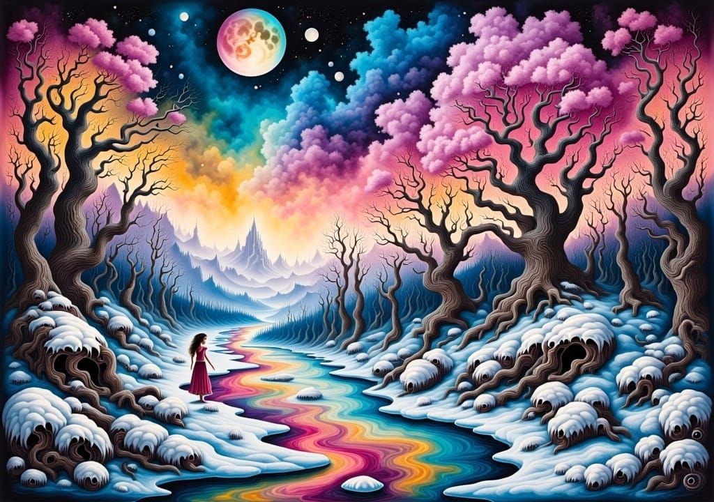 Surreal Winter Forest Path in Ink Wash Style