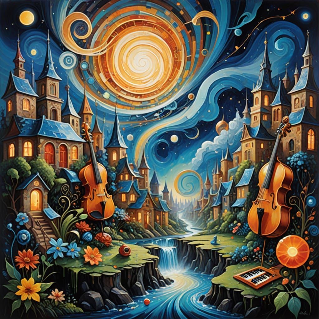 Magical Cityscape with Musical Notes and Glowing Talisman