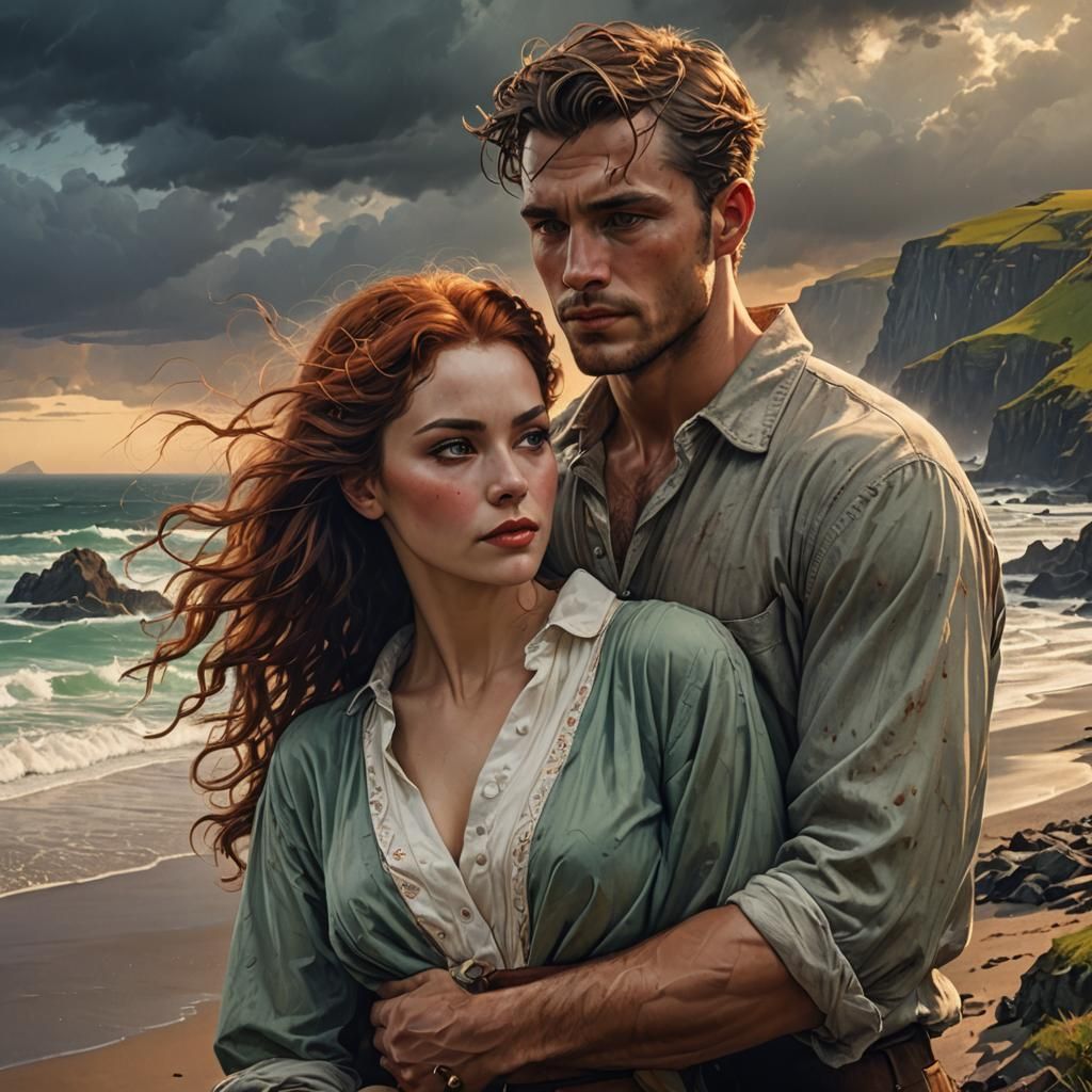 Romantic Couple on Stormy Irish Beach, Digital Art