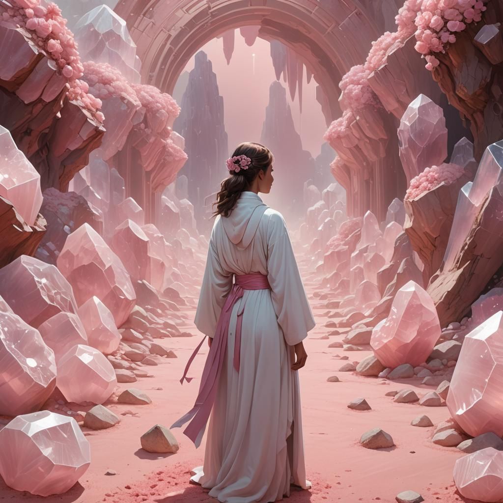 Woman at Rose Quartz Crystals in Pastel Colors