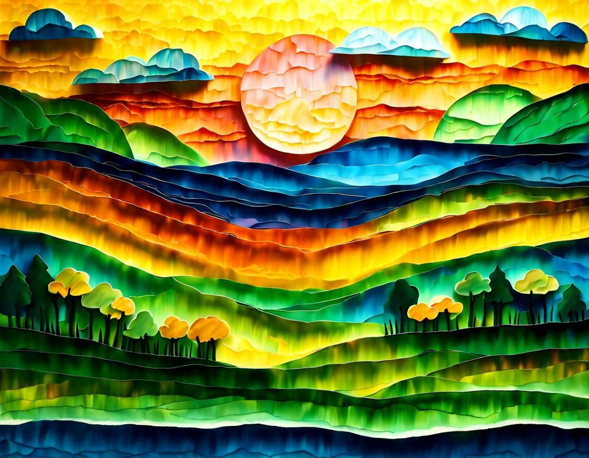 Colorful Paper Landscape at Sunset