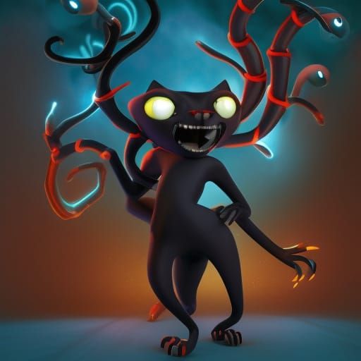 Demonic Black Cat with Glowing Eyes, in 3D