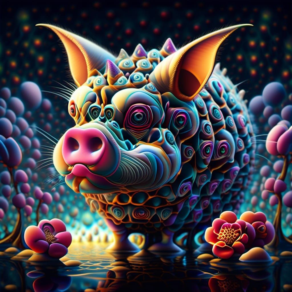 Surreal Landscape with Elastic Flora and Floating Piglets