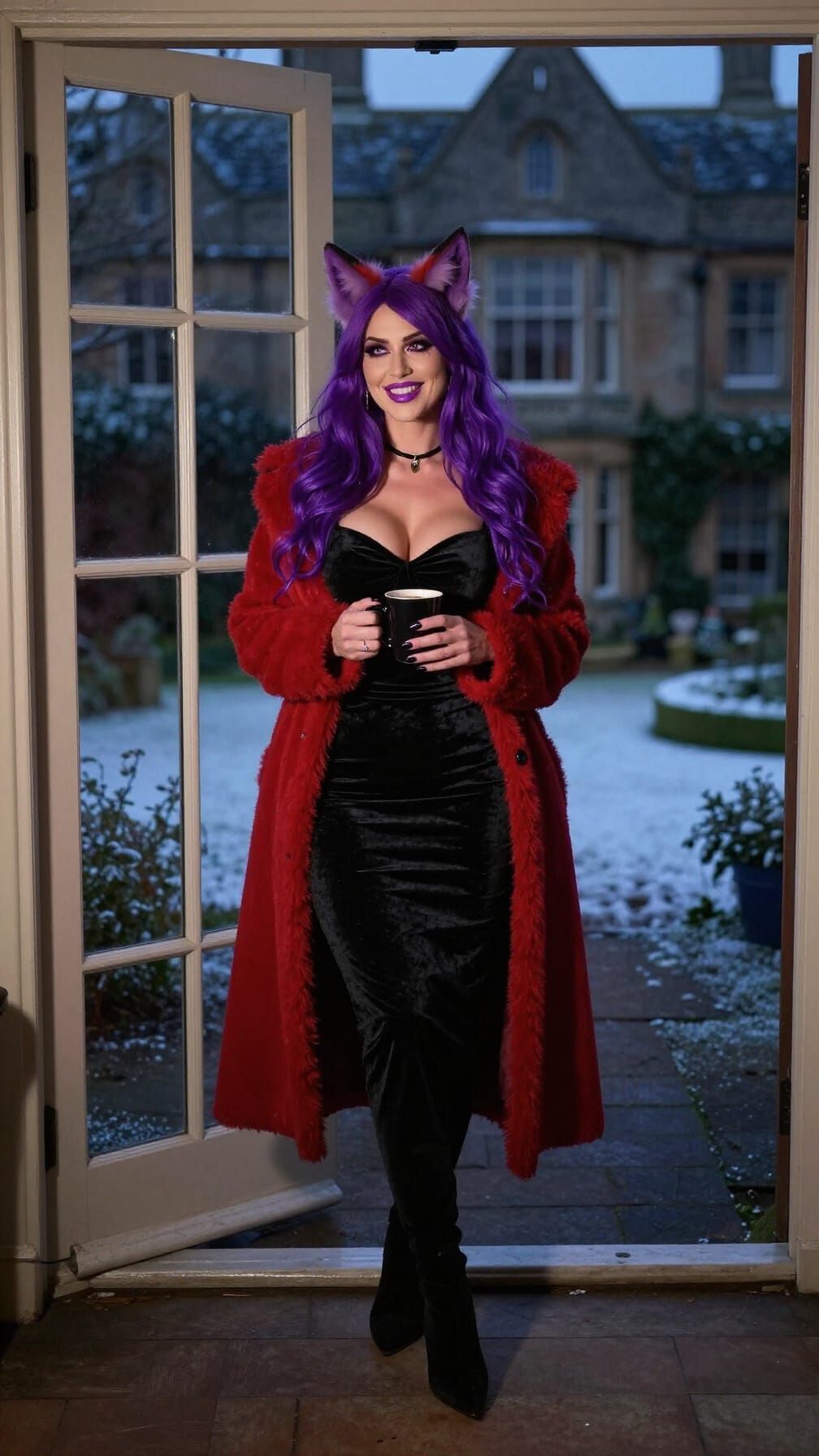 Woman on Terrace at Dusk in Velvet Dress