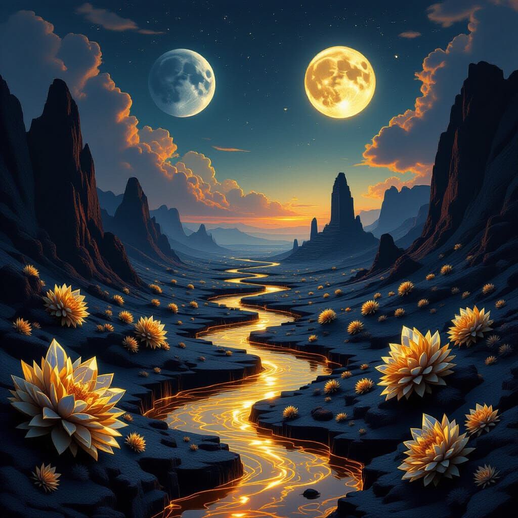 Molten Gold Rivers in Obsidian Canyons, Dual Moons