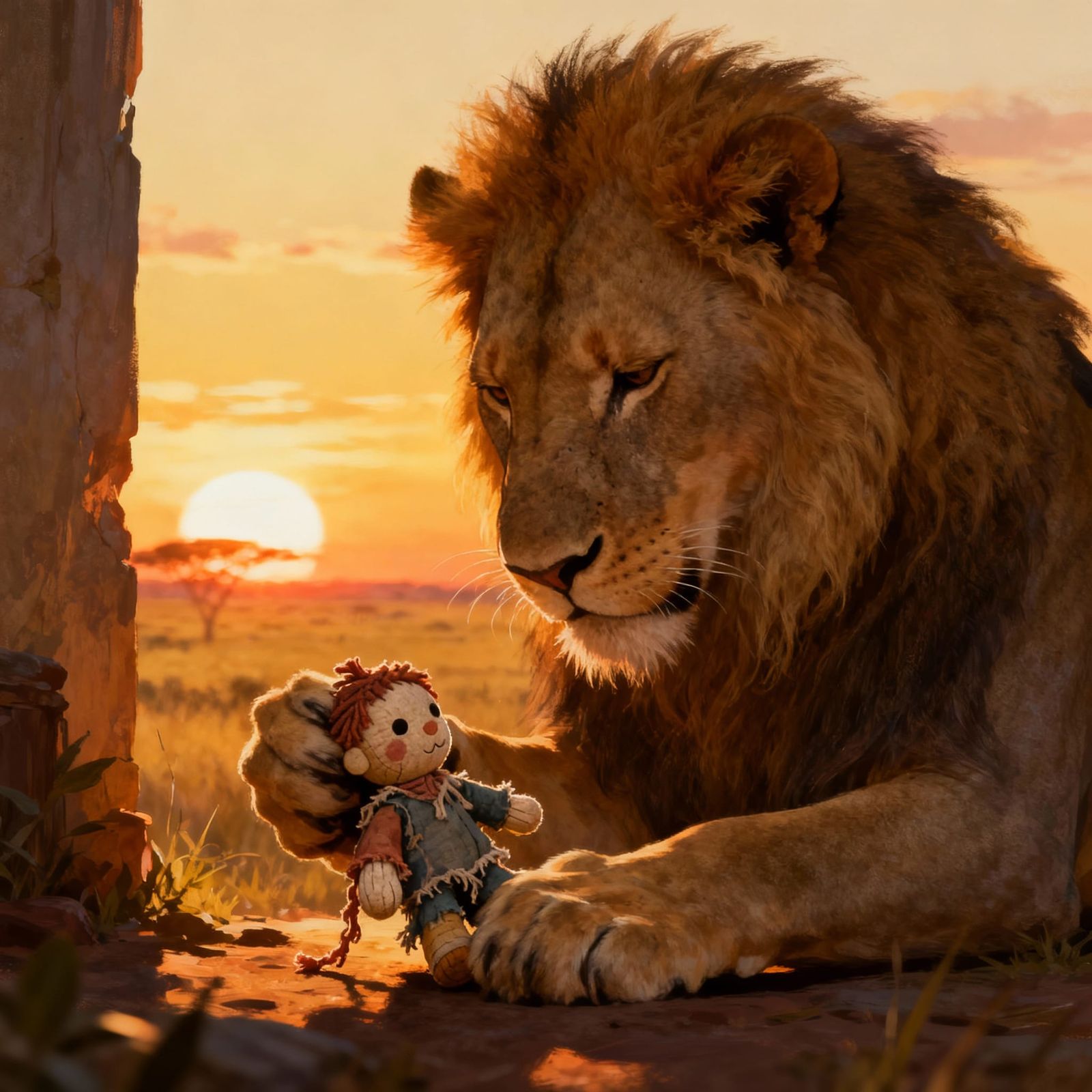 Majestic Lion Tenderly Plays with Doll at Sunset