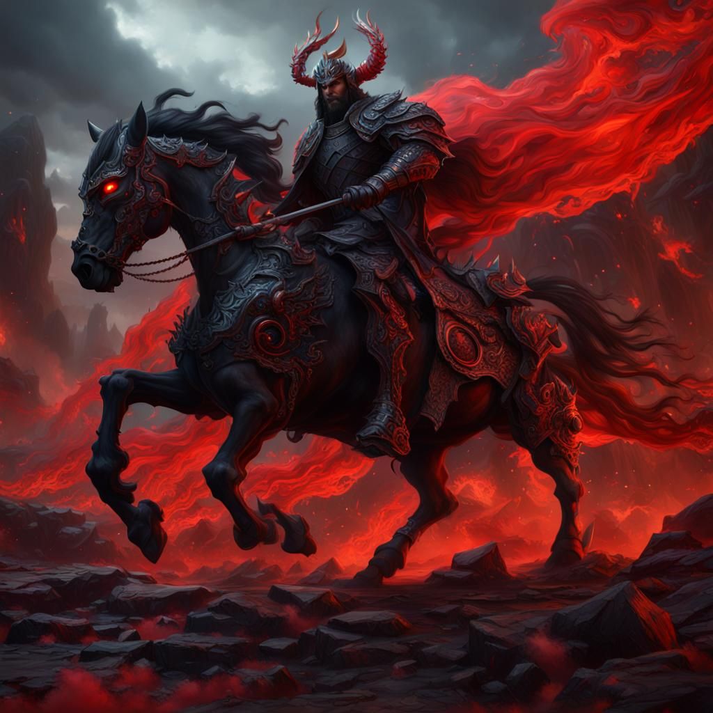 Apocalyptic Demon King on Black Horse, Fantasy Art