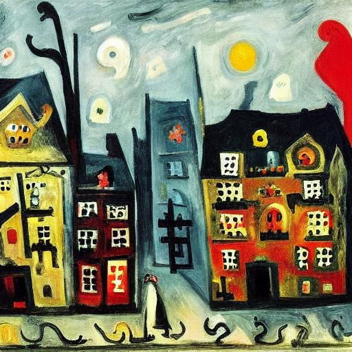 Collapsed Houses and Masquerade Rabbit, Expressionist Style