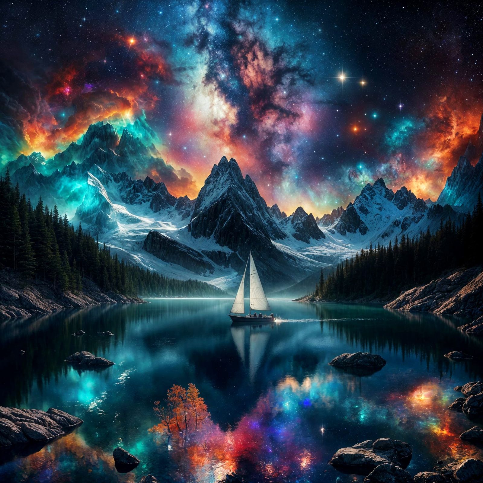 Cosmic Lake at Night: Sailboat Under Nebula Sky
