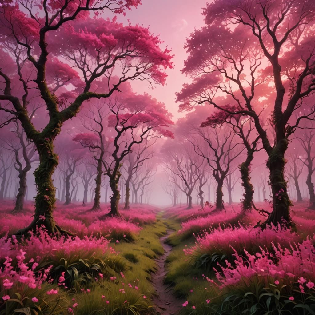 Lush Pink Forest with Glowing Flowers