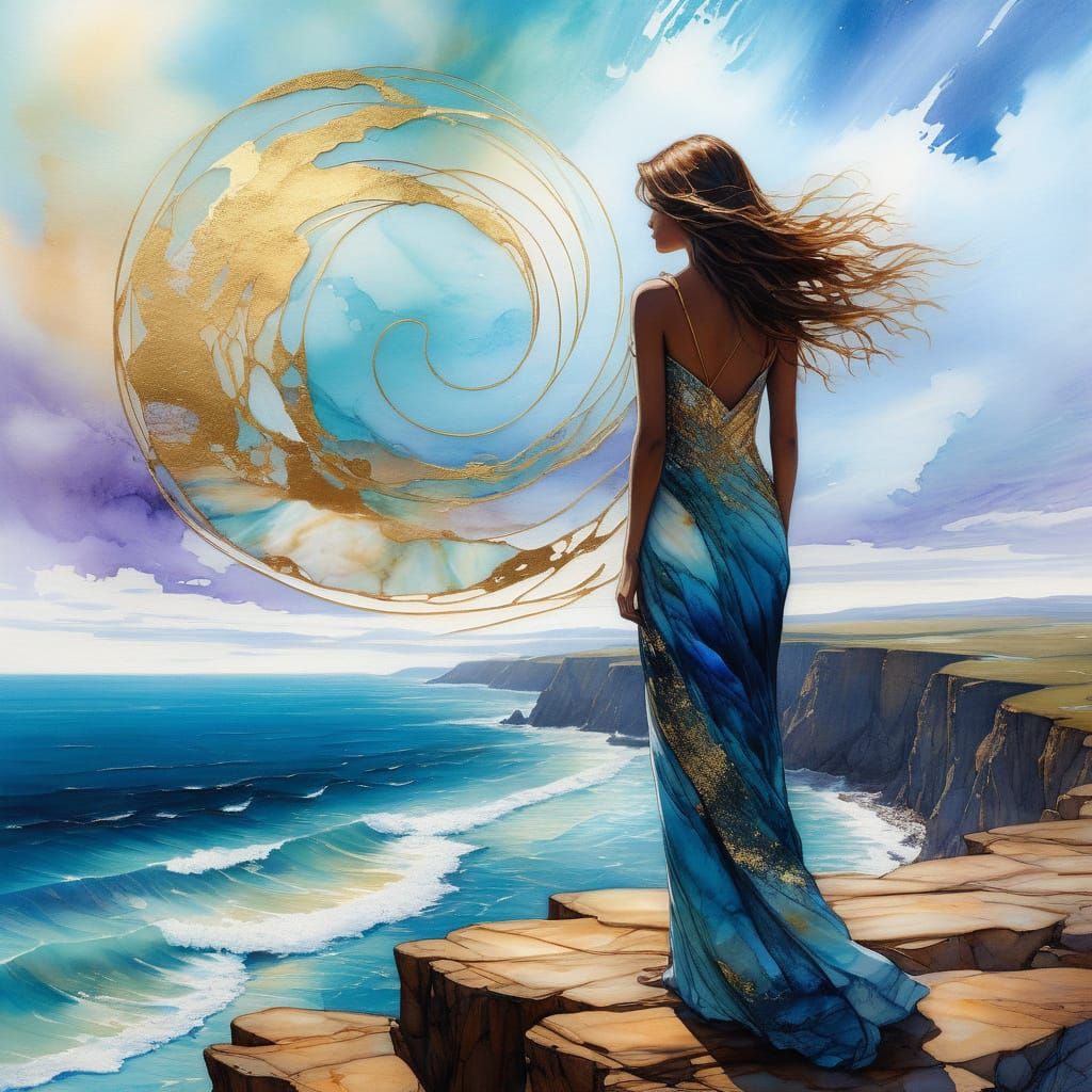Woman on Windy Cliff in Alcohol Ink Style