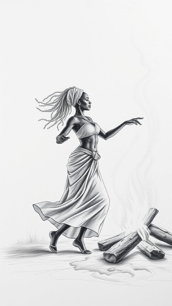 African Dancer by Campfire: Pencil Sketch