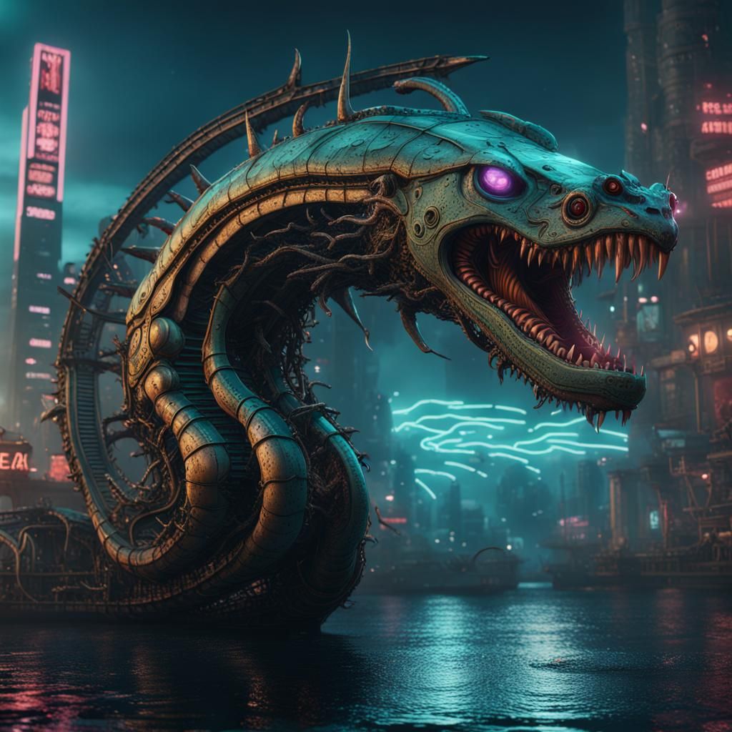 Cyberpunk Robot Sea Serpent: Detailed Matte Painting